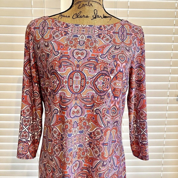 Wisp Knit Dress Size 12 Pink Paisley Sheath Boat Neck Long Sleeve Pullover - Picture 2 of 11